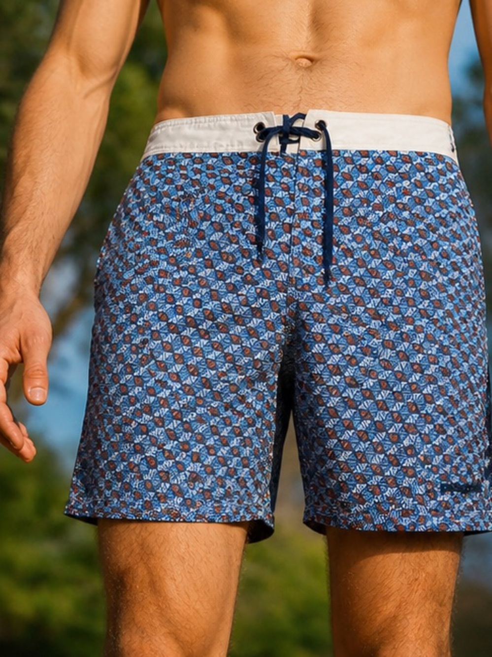 Patagonia Mens Stretch Wavefarer Board Shorts Batik Hex Multi Blue Size: 32 8”